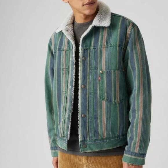 Levi's Premium Type 1 Sherpa Trucker Jacket Matlock Stripe Python Green NWT - Picture 3 of 16